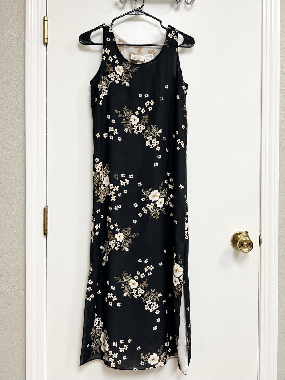Kathie Lee Collection Black Floral Layered Maxi Dress Double Slit S